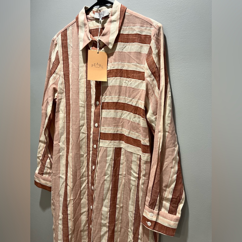 NWT Pearl by Lela Rose Striped Midi Shirtdress Blush Multi Cotton Linen Blend,M - Picture 5 of 11